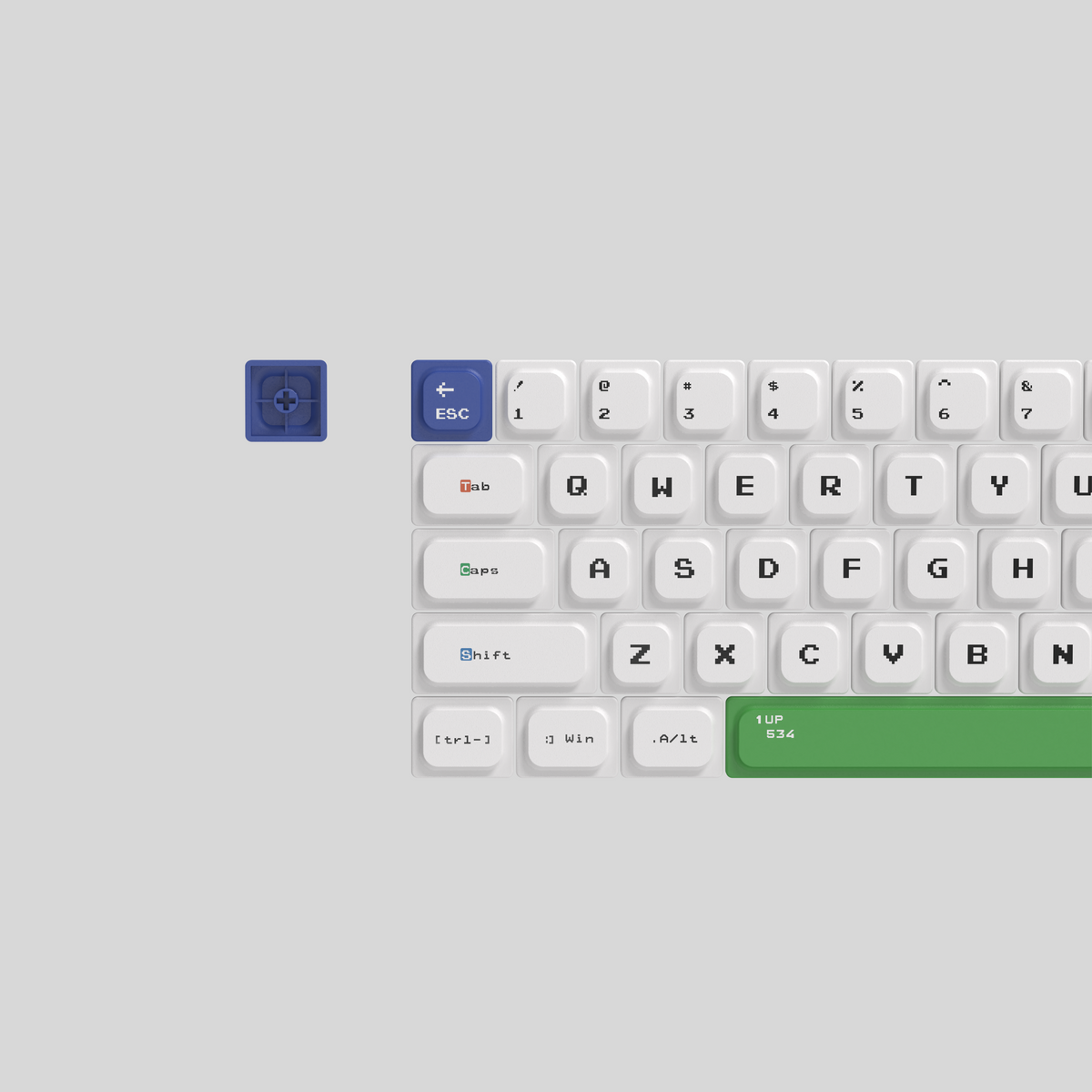 Underside of a PAC keycap showing its cross stem beside the 68-key layout