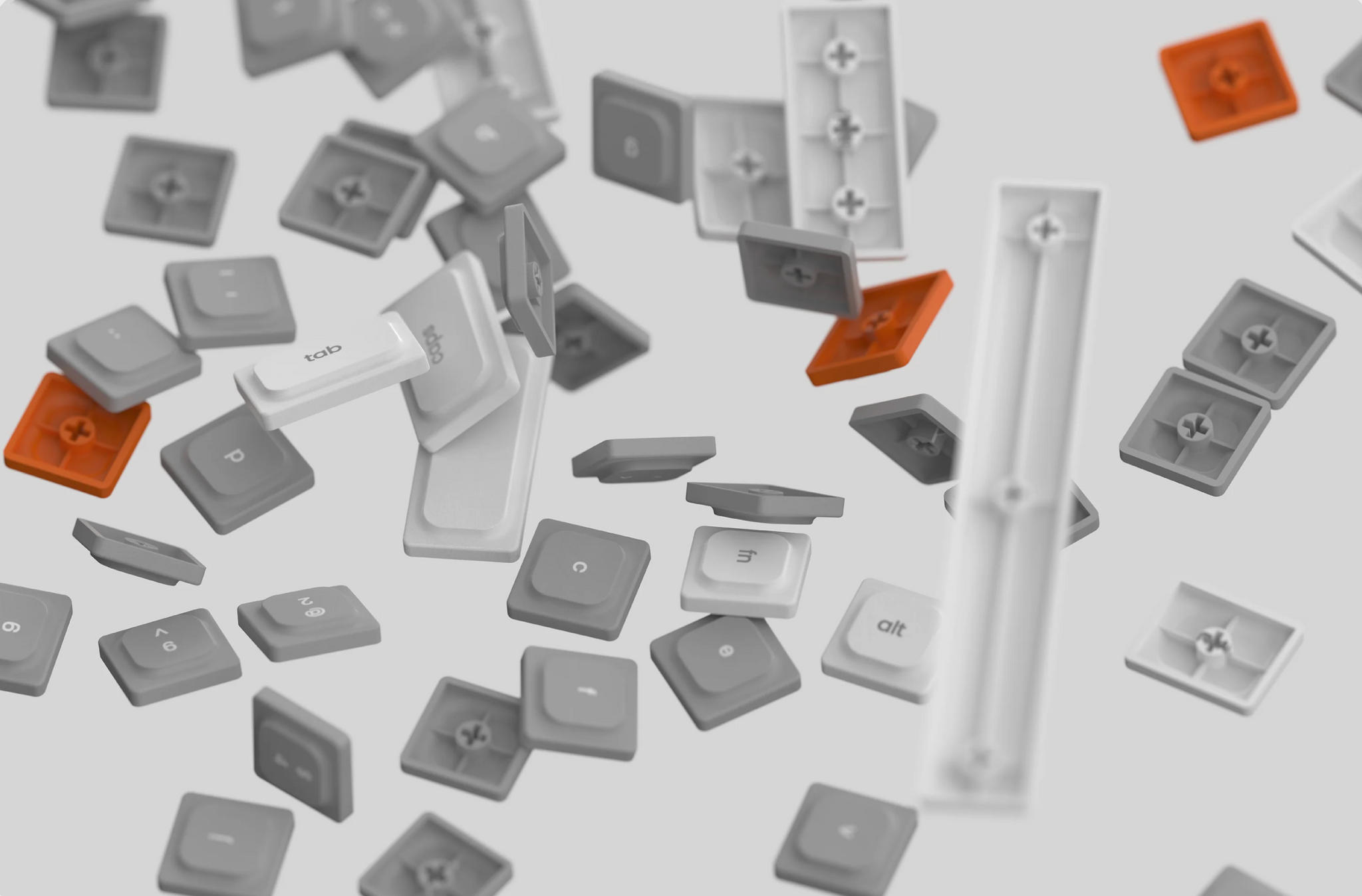 AIR68 low-profile keycaps and orange accent keys shown as individual components