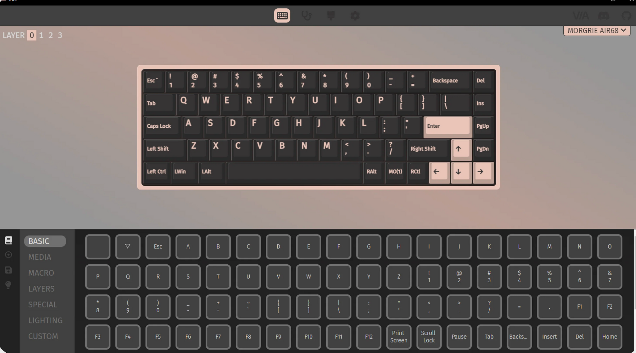 VIA interface used to remap keys and layers on the MORGRIE AIR68