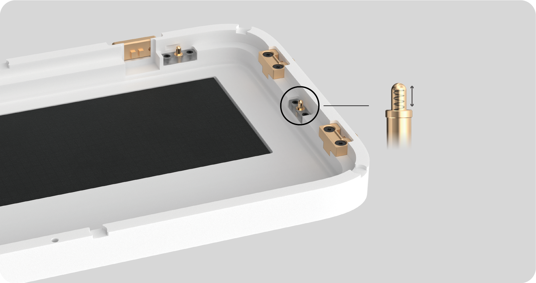 Close-up diagram of the Spacetime 65 pogo-pin gasket mounting structure