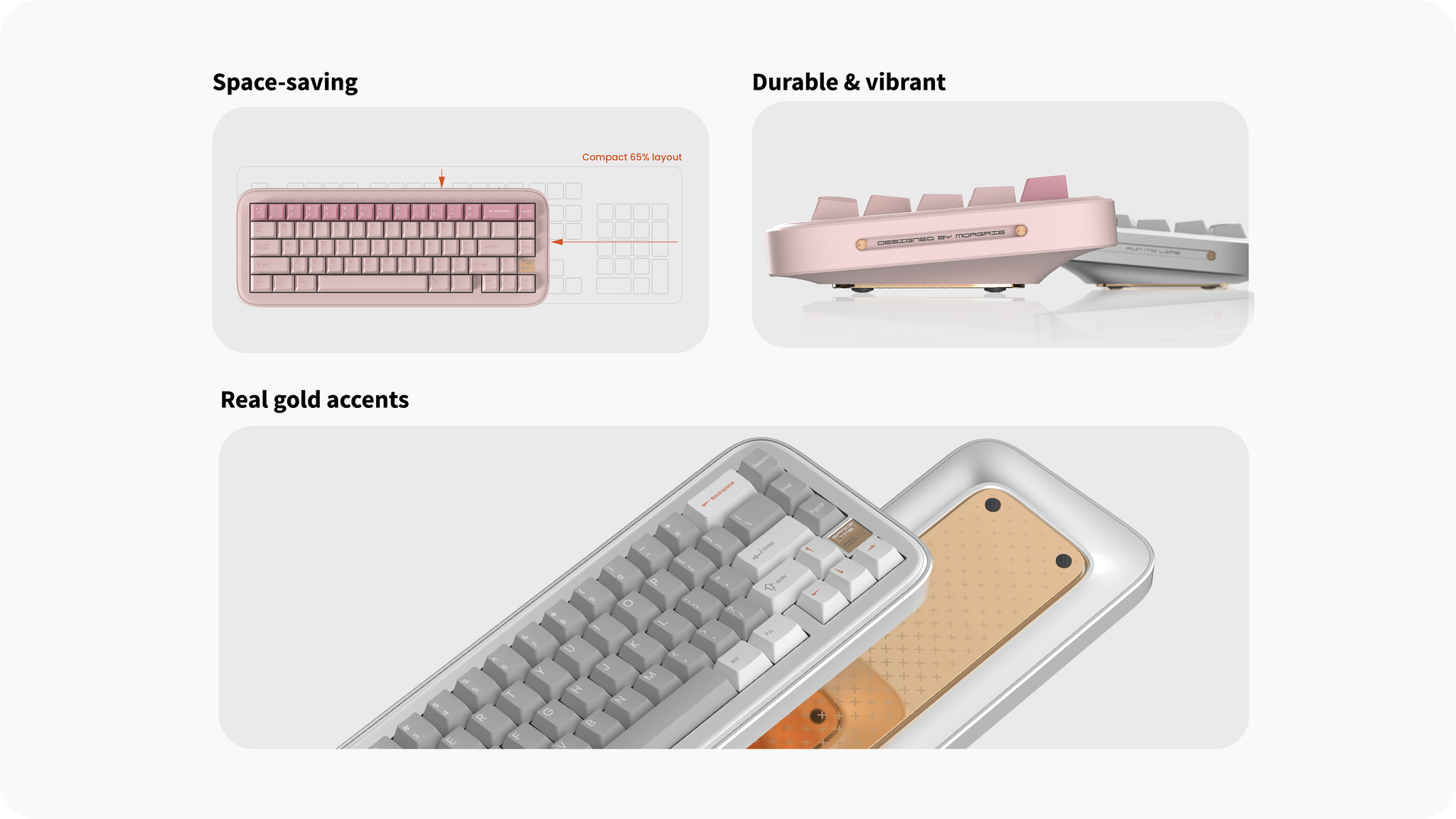 Spacetime 65 keycap design, compact layout and real-gold accent details