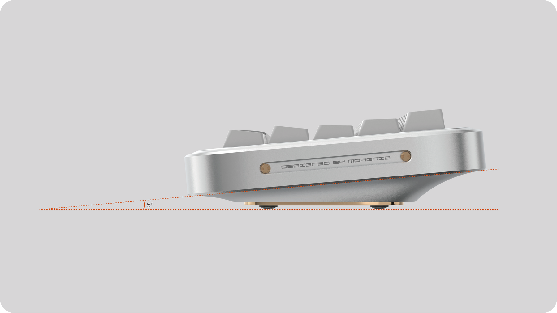 Side profile of the silver Spacetime 65 showing its five-degree typing angle