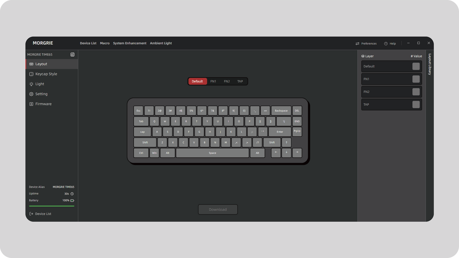 MORGRIE keyboard driver interface for remapping Spacetime 65 keys
